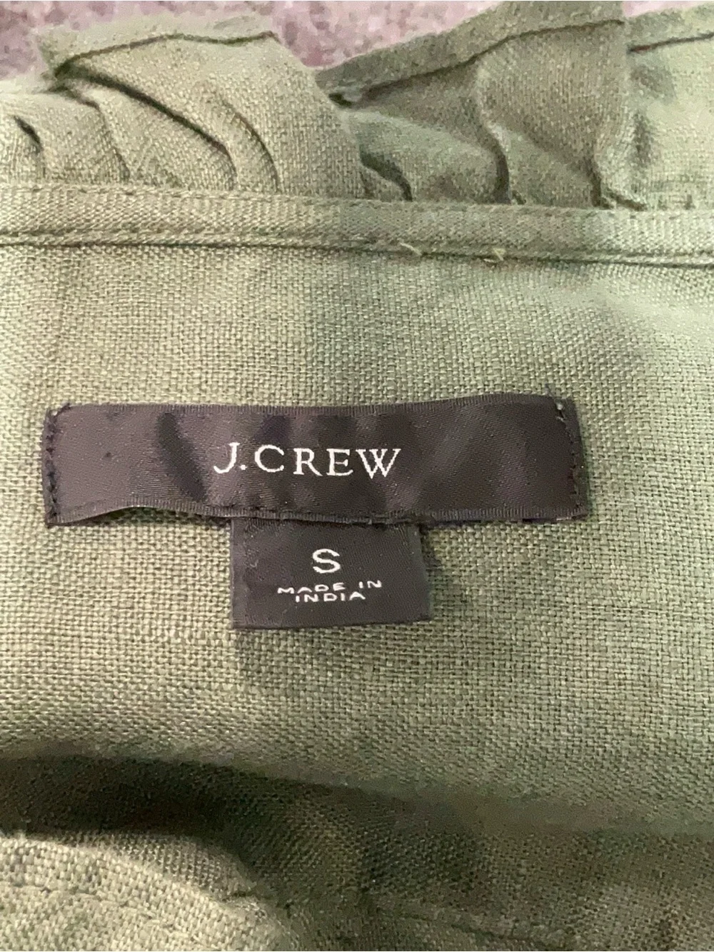 J. Crew Linen Olive Green Ruffle Neck Short Sleeve Blouse